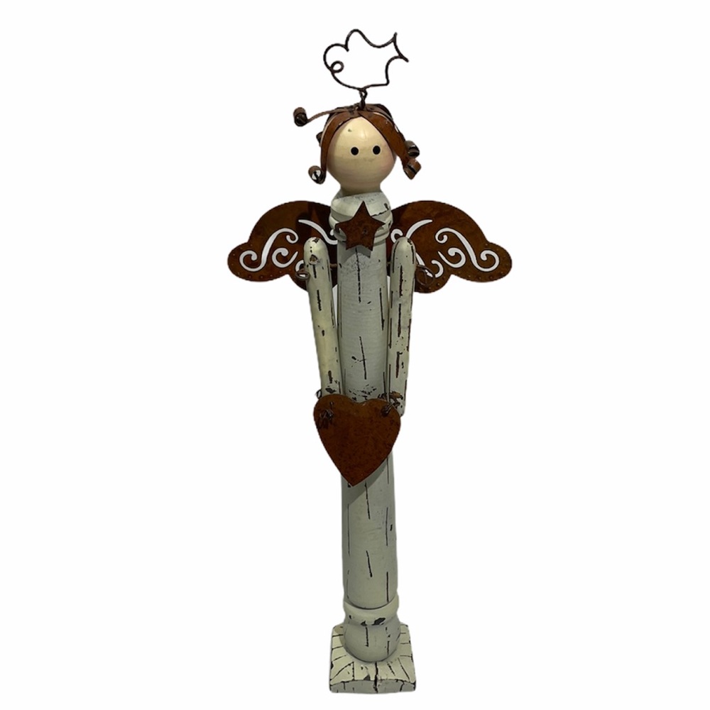 Happiness Angel Hand Crafted Wood Rustic Tin Wings French Country Cottagecore